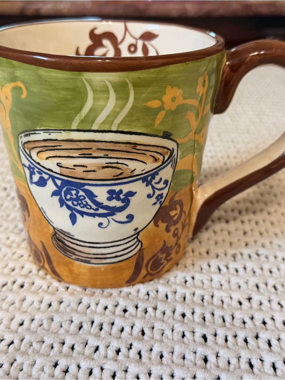 Patterned Ceramic Coffee Mug - Green and Brown
